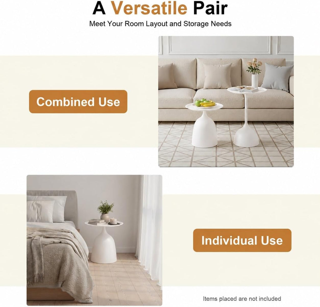 Nesting Side Tables Set of 2, White Iron Round Pedestal End Table | Metal Nesting Side Table Set, 15.75in Round Tray Top, Modern Sofa Table Accent Table for Living Room Bedroom Apartment