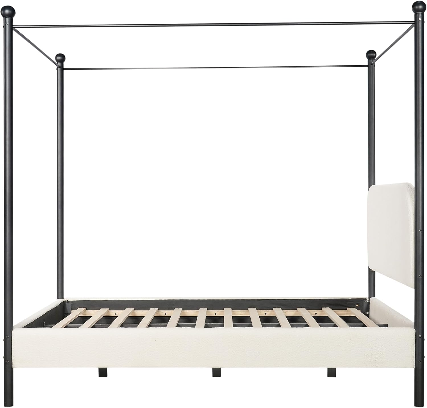 Christopher Knight Home Queen Size Upholstered Canopy Bed Frame with Boucle Fabric, Curved Headboard and Iron Legs, Modern Platform Bed Frame with Slats No Box Spring Needed, White