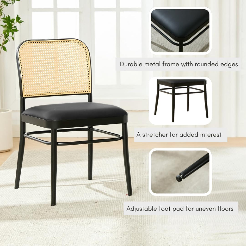 Rattan Dining Chairs Set of 4, Mid-Century Modern, Black | Cane Back Design, Faux Leather Upholstery, Boho Style, Comfortable Padded Seat, 350 LBS Weight Capacity