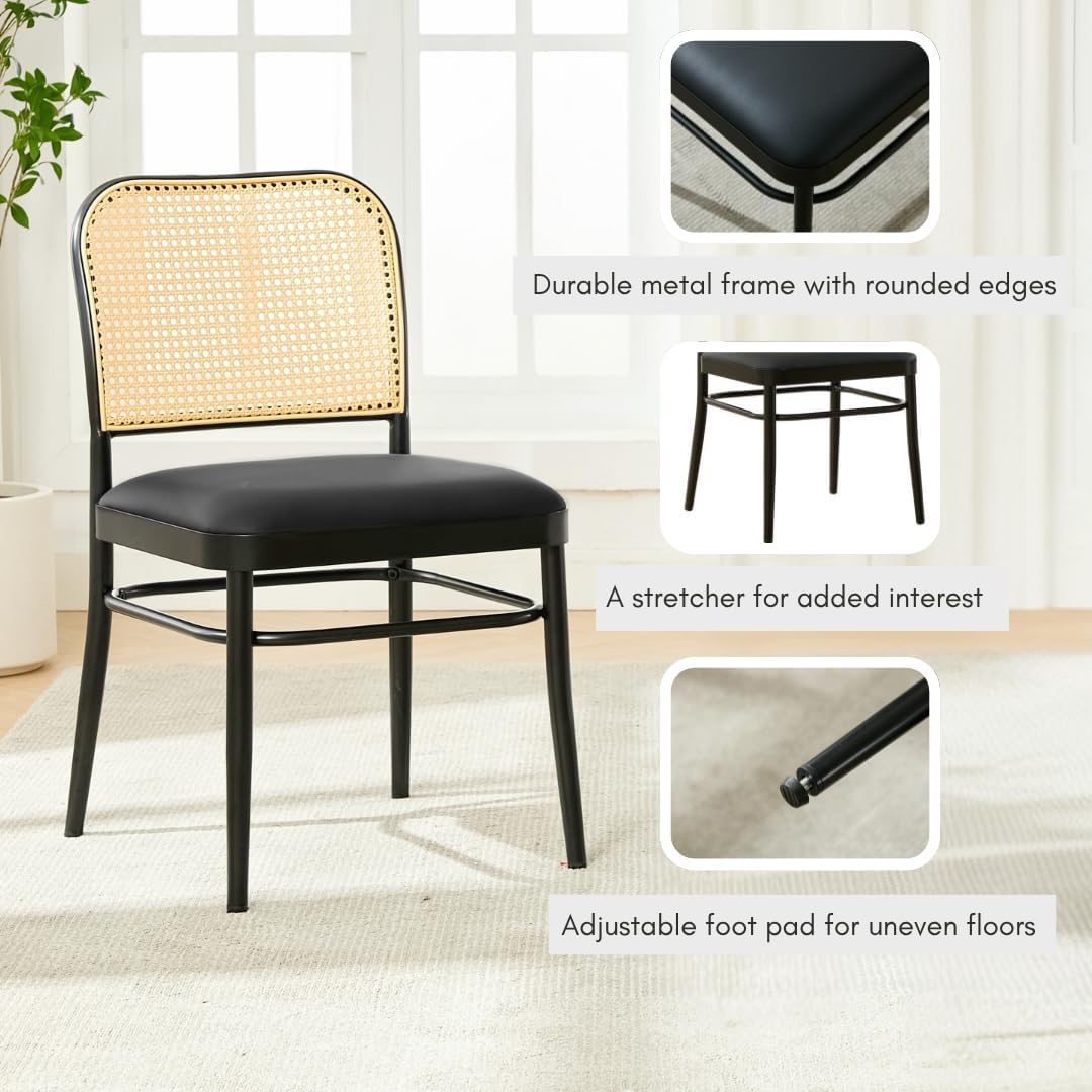 Rattan Dining Chairs Set of 4, Mid-Century Modern, Black | Cane Back Design, Faux Leather Upholstery, Boho Style, Comfortable Padded Seat, 350 LBS Weight Capacity