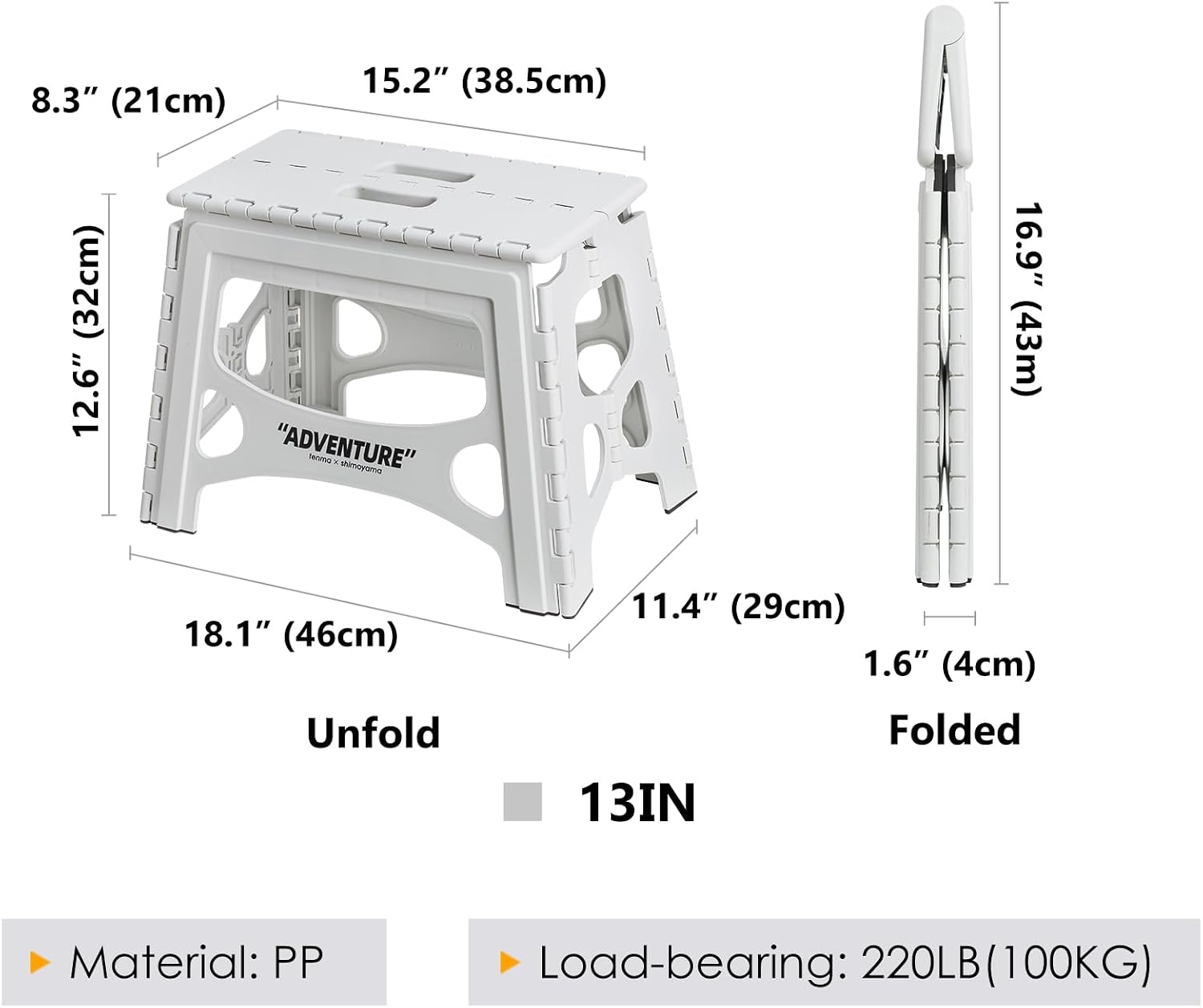 SHIMOYAMA Folding Step Stool, 13IN Step Stool for Adults, Collapsible Camping Stool for Indoor and Outdoor Use, Picnic, White