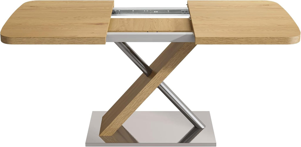 Expandable Natural Wood Dining Table for 4-6, Extendable 47-63 Inch Scratch-Resistant Rectangle Dining Table with MDF Table Top and Stainless Steels X-Shape Base for Living Room Kitchen