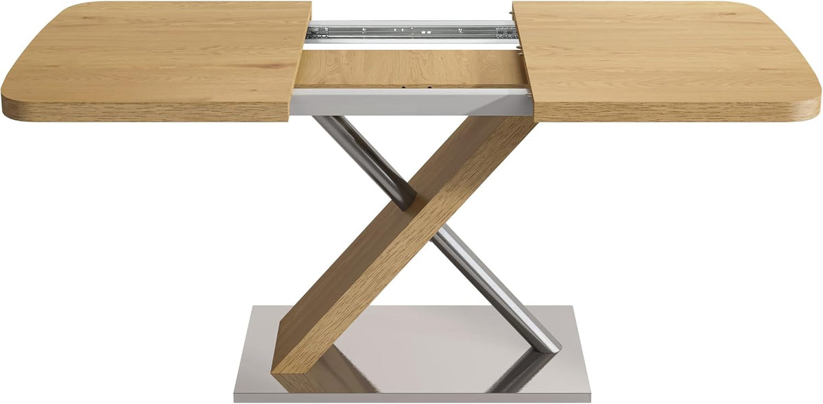 Expandable Natural Wood Dining Table for 4-6, Extendable 47-63 Inch Scratch-Resistant Rectangle Dining Table with MDF Table Top and Stainless Steels X-Shape Base for Living Room Kitchen
