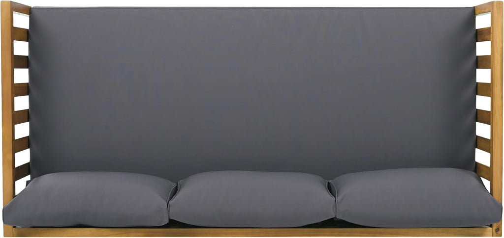 Christopher Knight Home Claremont Outdoor 3 Seater Acacia Wood Daybed with Fabric Water Resistant and Removable Cushions, Patio Garden Sofa with Slat Paneling Armrest and Back, Teak and Dark Grey