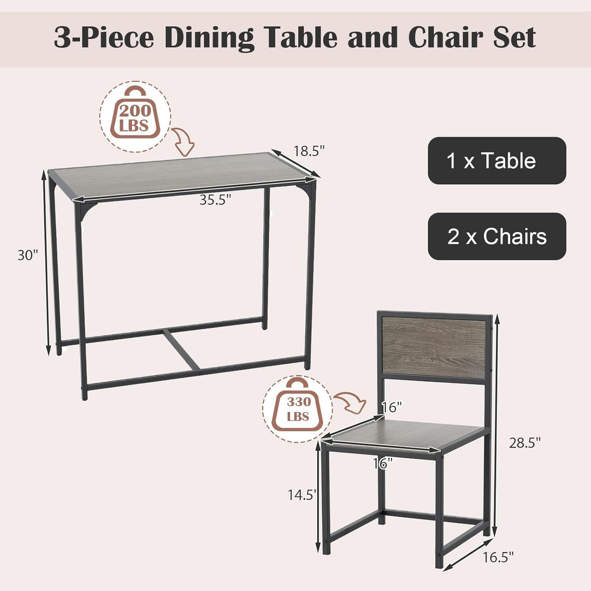 Giantex 3-Piece Dining Table Set for 2, Small Industrial Kitchen Table with 2 Chairs, Metal Frame, Space Saving Dinette Set for Breakfast Nook Dinner Small Space Apartment Living Room, Grey Oak