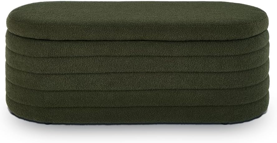 Modern Oval Storage Ottoman Bench, Upholstered Boucle Teddy Fabric End of Bed Bench with Storage, End of Bed Stool with Safety Hinge for Bedroom, Living Room, Entryway, Dark Green