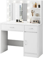 LIVELYGLOW 35.4" White Makeup Vanity Desk with 10 Hollywood Light Bulbs | Dimmable Lighting, Large Mirror, Storage Cabinet