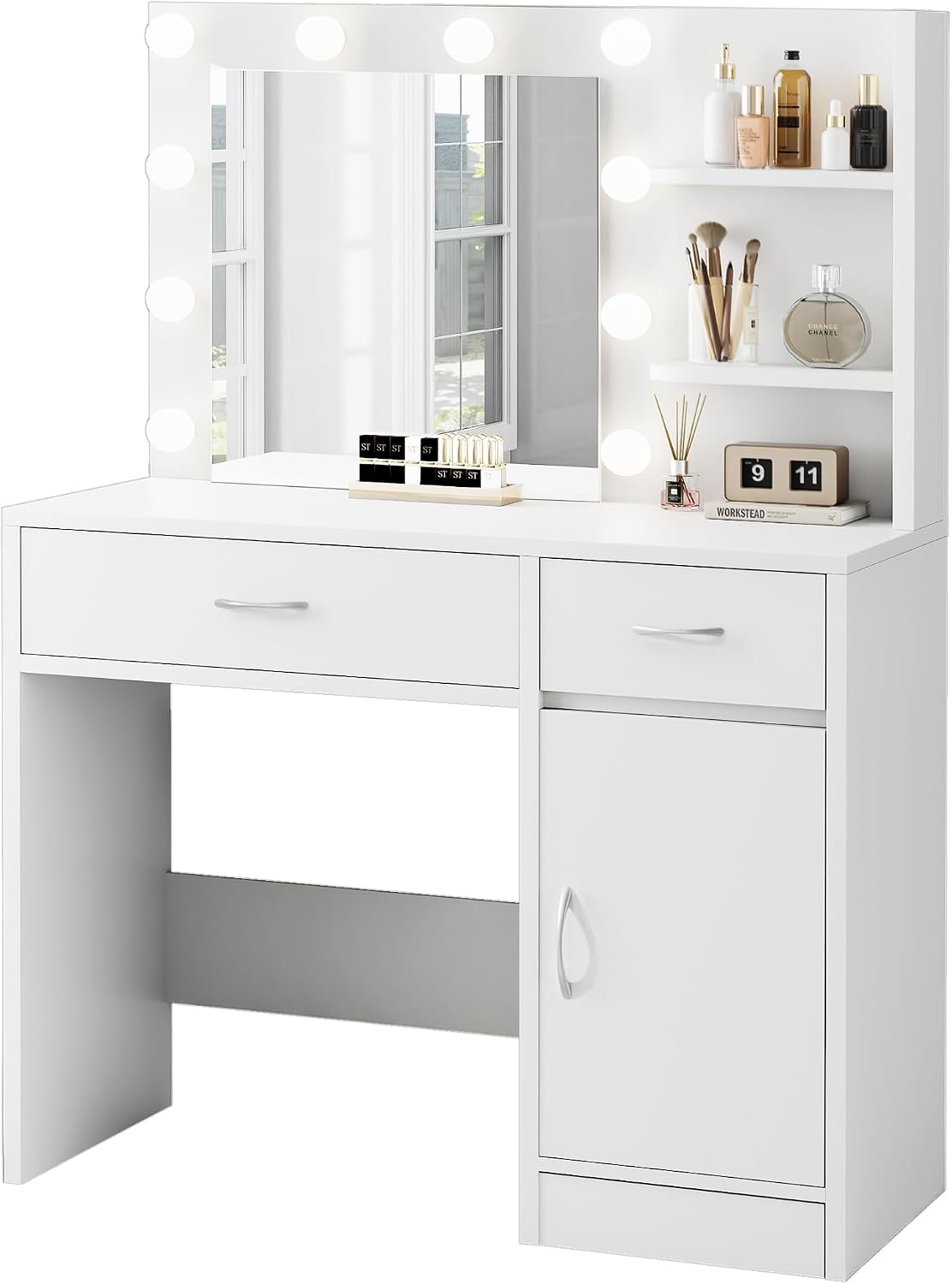 LIVELYGLOW 35.4" White Makeup Vanity Desk with 10 Hollywood Light Bulbs | Dimmable Lighting, Large Mirror, Storage Cabinet