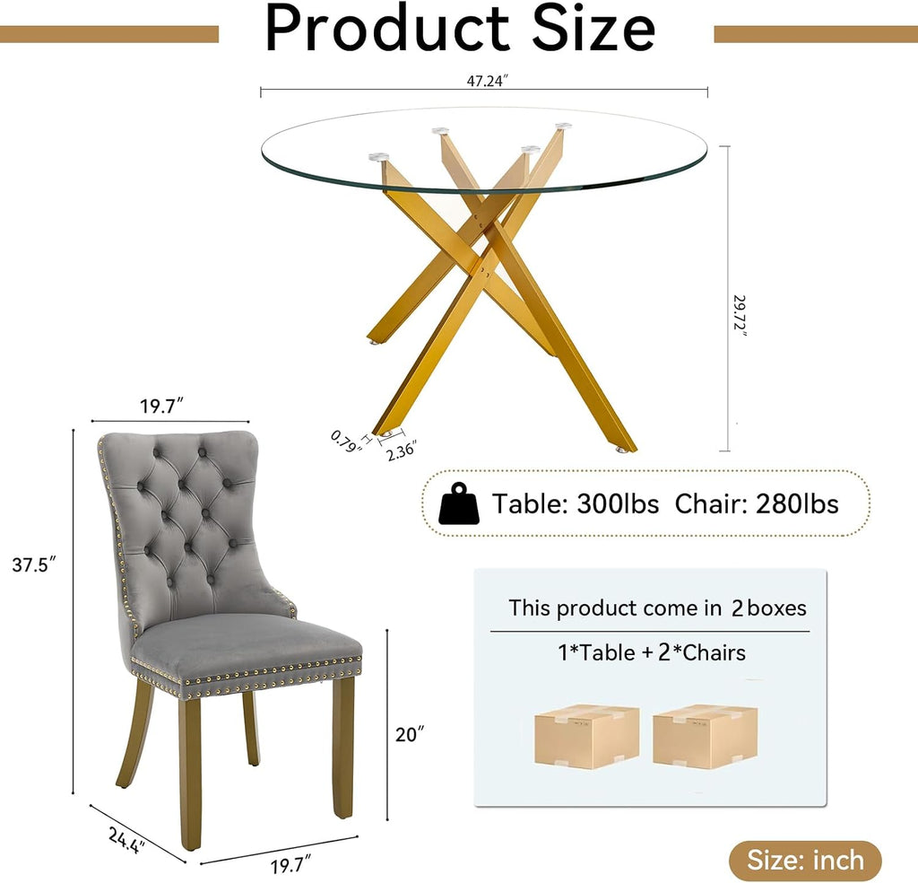 Glass Dining Room Table Set for 2, 47" Circle Glass Dining Table for 2 with Gold Metal Legs, Small Round Dining Table and Chairs Set of 2, 3 Piece Kitchen Table Set for Breakfast Dinette, Light Gray