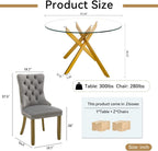 Glass Dining Room Table Set for 2, 47" Circle Glass Dining Table for 2 with Gold Metal Legs, Small Round Dining Table and Chairs Set of 2, 3 Piece Kitchen Table Set for Breakfast Dinette, Light Gray