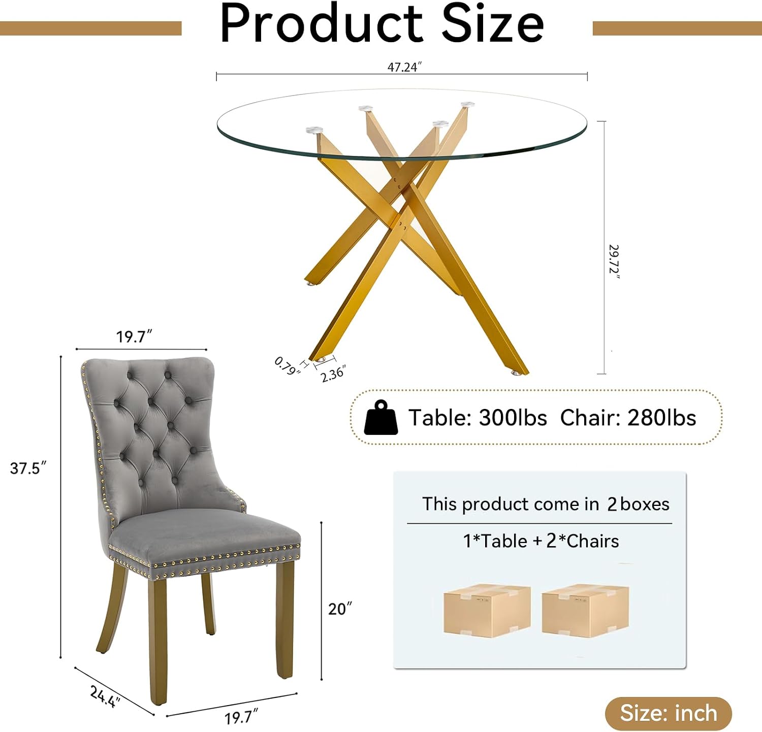Glass Dining Room Table Set for 2, 47" Circle Glass Dining Table for 2 with Gold Metal Legs, Small Round Dining Table and Chairs Set of 2, 3 Piece Kitchen Table Set for Breakfast Dinette, Light Gray