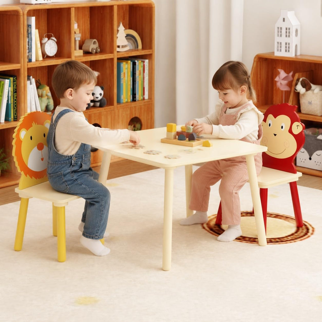 Kids Wood Table and 4 Chairs Set, Cartoon Animal Activity Furniture Ages 3- (3 Piece 1)