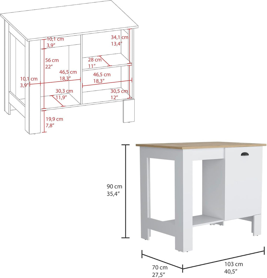 Kitchen Island, Single Door Cabinet, Shelf White/Macadamia | Includes two internal storage shelves for organized kitchen essentials