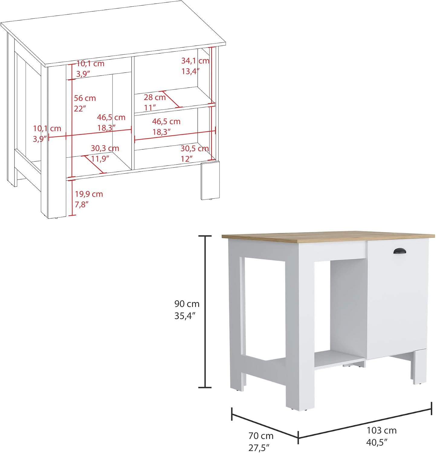 Kitchen Island, Single Door Cabinet, Shelf White/Macadamia | Includes two internal storage shelves for organized kitchen essentials