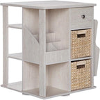 Pemberly Row Wood Revolving Side Table, 18" W x 18" D x 24" H, Whitewashed Finish, MDF with Rattan Accents, Drawers and Shelves, Compact Transitional Design for Living Room or Bedroom Storage