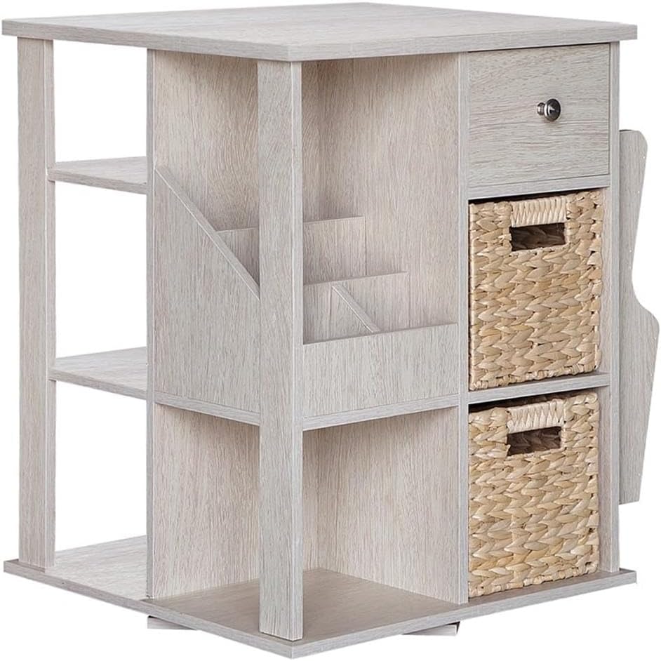 Pemberly Row Wood Revolving Side Table, 18" W x 18" D x 24" H, Whitewashed Finish, MDF with Rattan Accents, Drawers and Shelves, Compact Transitional Design for Living Room or Bedroom Storage