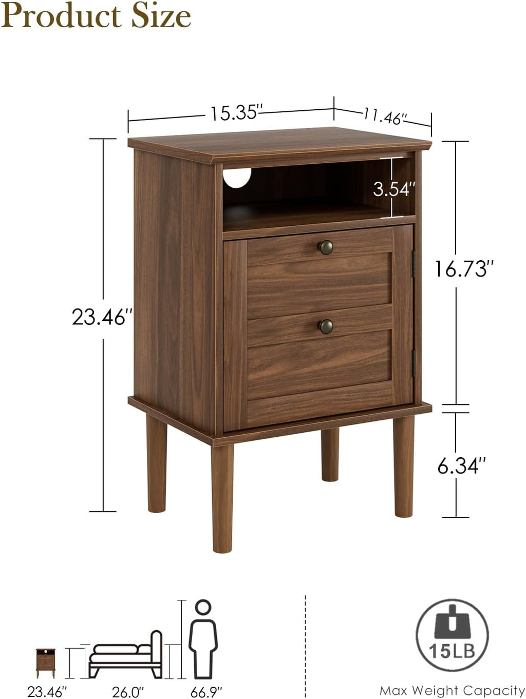 Nightstand, Boho Night Stand with 1 Drawer, Modern Side Accent Table with Open Shelf, Wooden Top Bedside End Table for Bedroom, Living Room, Walnut