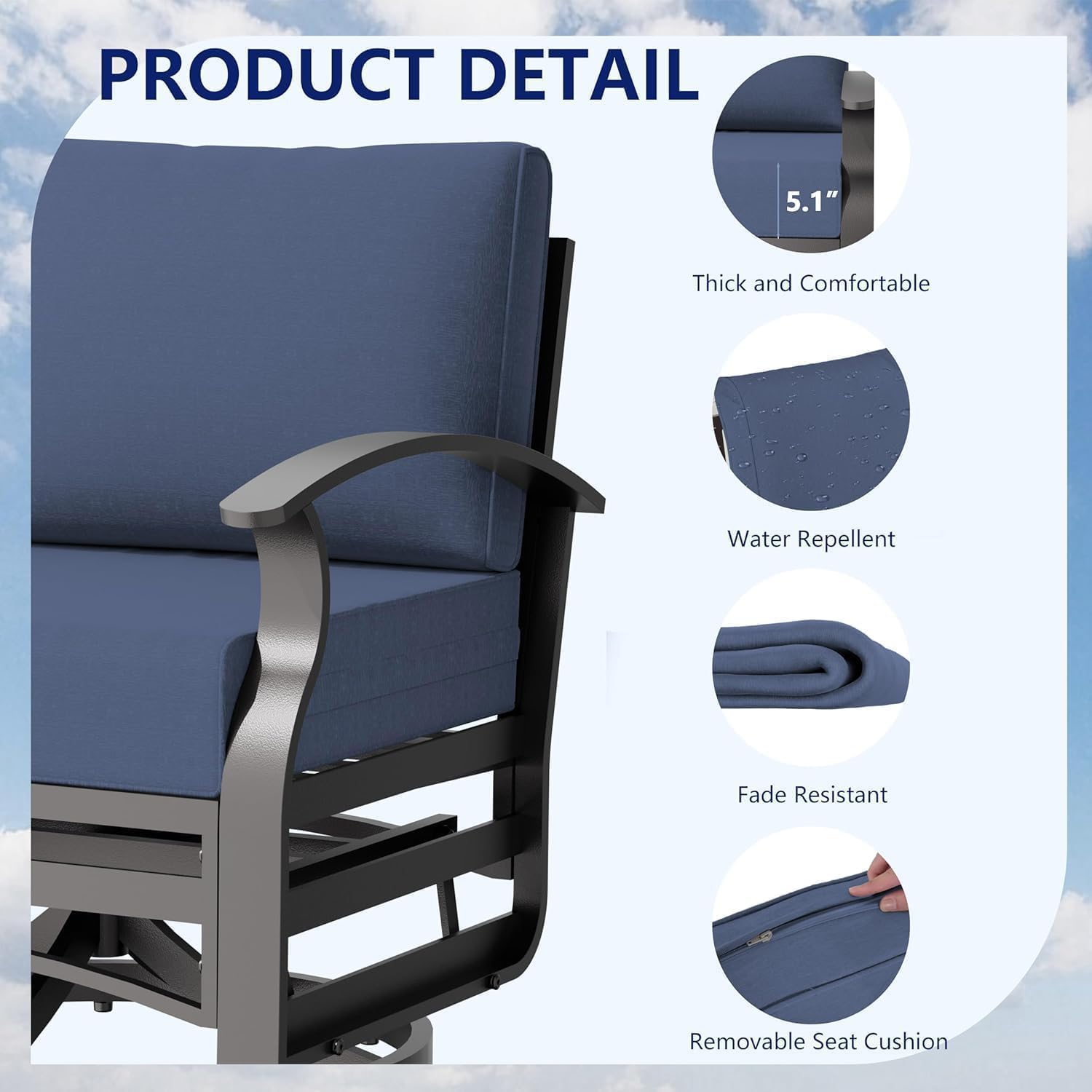 3 Piece Aluminum Swivel Rocking Chair Set, Outdoor Patio Swivel Gliders Chair with Glass Top Coffee Table, Conversation Furniture Set Suitable for Patio, Lawn, Outdoor, Back Garden(Dark Blue)