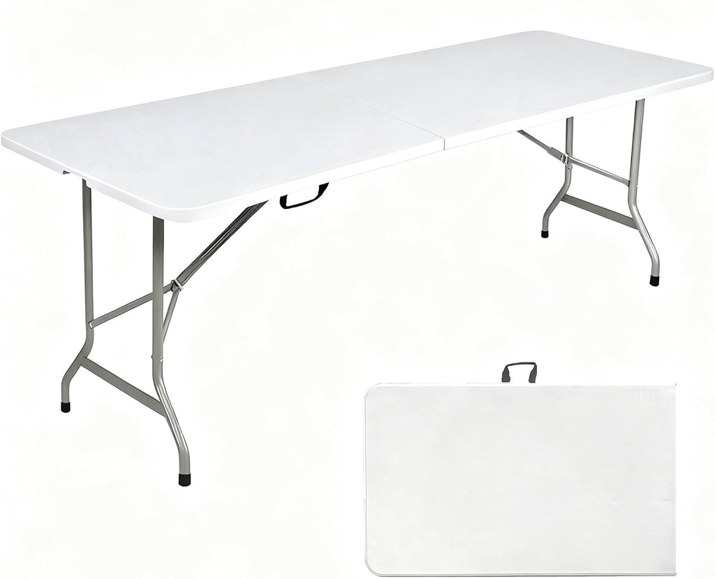Folding Table 8ft, Heavy Duty Foldable Plastic 8 Foot Banquet Table | White HDPE Top, Fold-in-Half, Carry Handle, Indoor Outdoor for Party, Dining, Camping, Picnic, Long, Rectangle