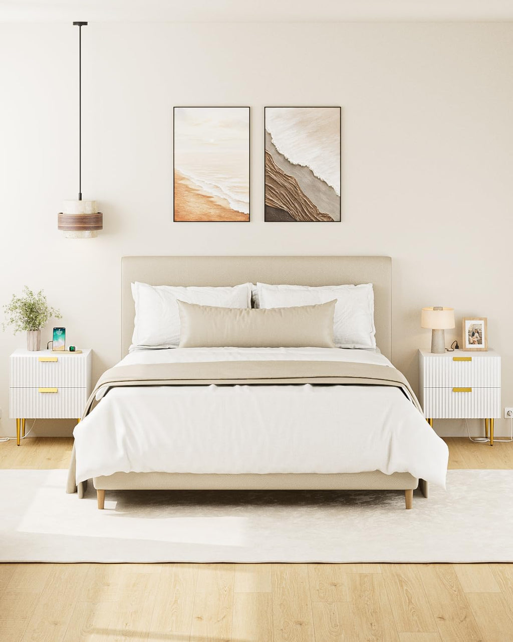 Nightstand with Charging Station, Bedside Table with Gold Frame,White Night Stand, End Table with 2Drawer, Mid Century Modern Bedside Table, Dresser for Bedroom,Living Room