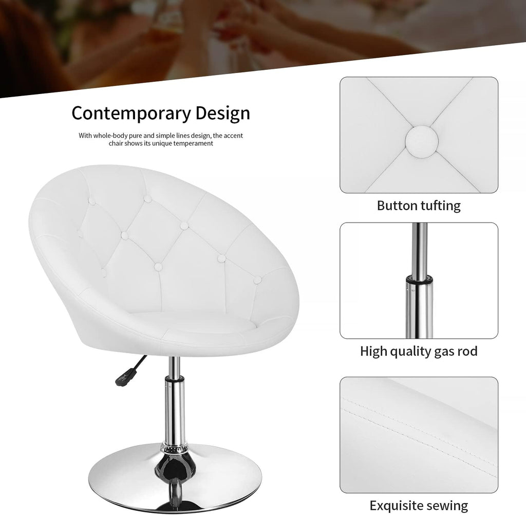 PayLessHere Living Room Vanity Chair Makeup Chair Swivel Accent Chair Round Back Height Adjustable PU Leather Modern Chair for Makeup Room Small Desk,White