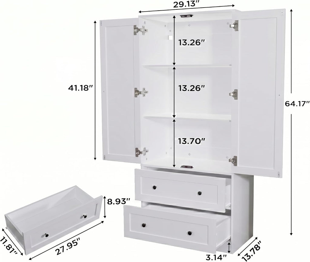 DIYART 64.2" Tall White Kitchen Pantry, Storage Cabinet with Doors and Drawers, Freestanding Wooden Organizer for Kitchen, Dining Room