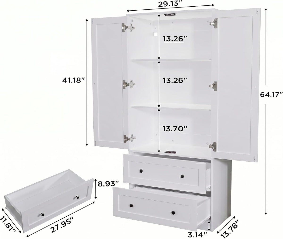 DIYART 64.2" Tall White Kitchen Pantry, Storage Cabinet with Doors and Drawers, Freestanding Wooden Organizer for Kitchen, Dining Room