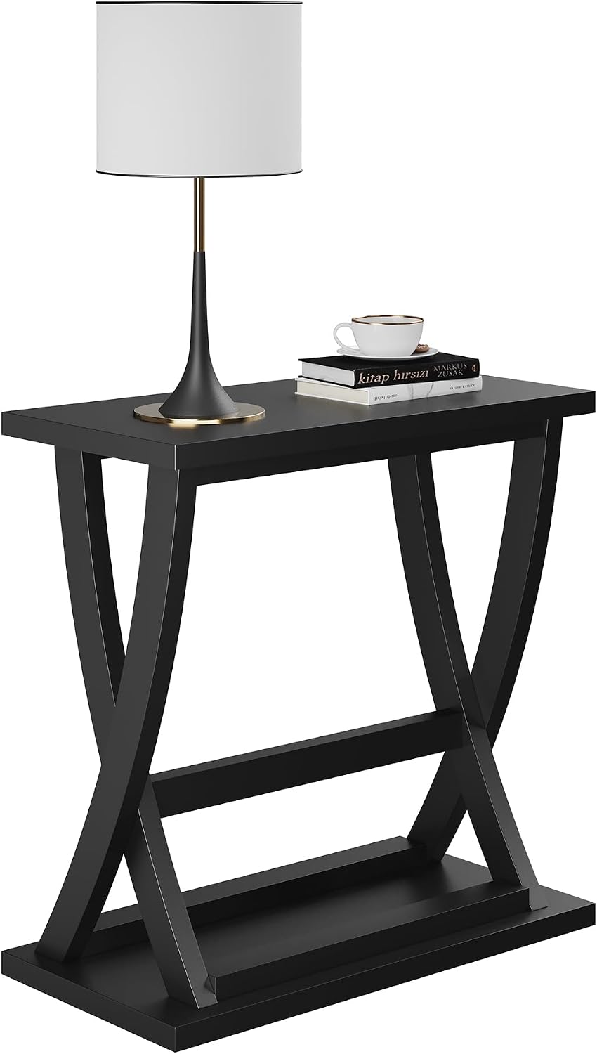 ChooChoo Black End Table, Narrow Side Table with Storage Shelf, Modern X-Design Slim Bedside Tables for Living Room, Bedroom, Small Spaces