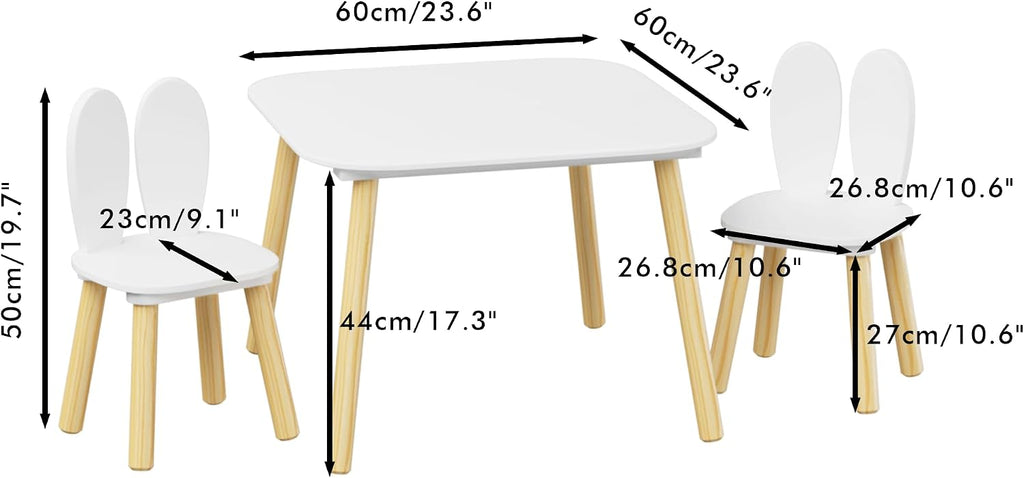 Kids Table and 2 Chairs Set, 3 Piece Wooden Toddler Table and Chair Set, White Activity Play Table and Chairs for Kids, Children's Art Desk Set (Rabbit Theme)