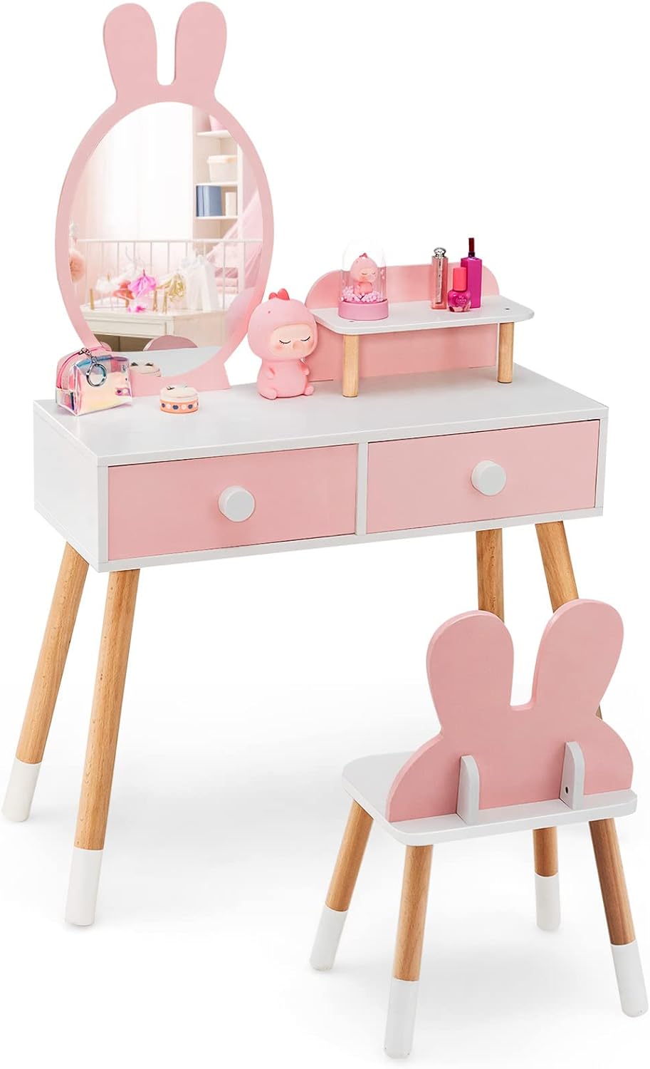 HONEY JOY Kids Vanity, Rabbit Themed Toddler Wooden Makeup Table and Chair Set w/2 Large Drawers, Beech Wood Legs, Princess Dressing Beauty Table, Girls Vanity Set with Mirror and Stool (Pink)