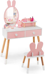 HONEY JOY Kids Vanity, Rabbit Themed Toddler Wooden Makeup Table and Chair Set w/2 Large Drawers, Beech Wood Legs, Princess Dressing Beauty Table, Girls Vanity Set with Mirror and Stool (Pink)