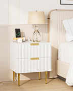 Nightstand with Charging Station, Bedside Table with Gold Frame,White Night Stand, End Table with 2Drawer, Mid Century Modern Bedside Table, Dresser for Bedroom,Living Room