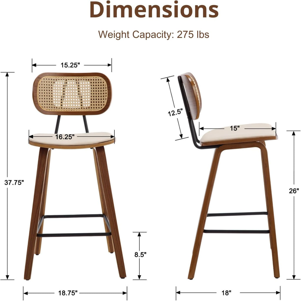 HEAH-YO Rattan Counter Stools Set of 2, 26 Inches Counter Height Bar Stools with Backrests and Wood Legs, Modern PU Leather Rattan Stool for Kitchen Island, PU Beige
