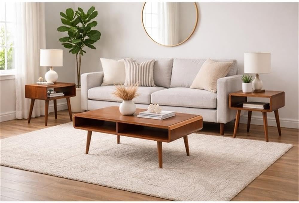 Pemberly Row Mid-Century 3-Piece Table Set, Solid Rubberwood, Rich Walnut Finish, Includes Coffee Table & 2 End Tables, Open Cubby Storage, Tapered Legs, Living Room Furniture Ensemble