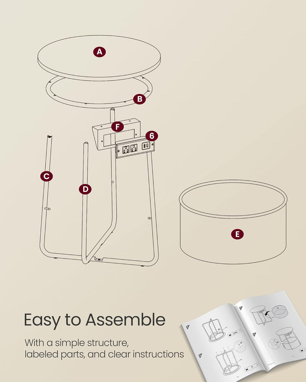VASAGLE LILEA Collection - Side Table with Charging Station, Round End Table with Fabric Basket, Nightstand with USB Ports, for Living Room, Bedroom, Modern, Cream White ULET228N01