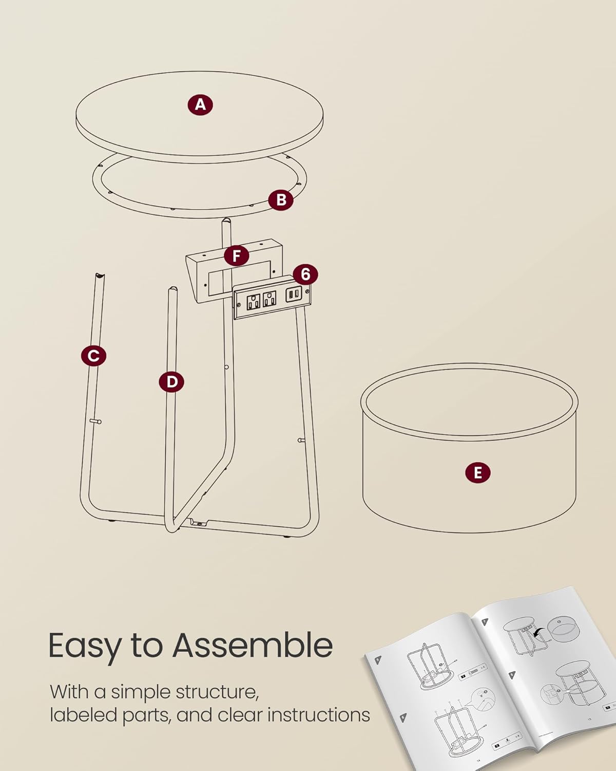 VASAGLE LILEA Collection - Side Table with Charging Station, Round End Table with Fabric Basket, Nightstand with USB Ports, for Living Room, Bedroom, Modern, Cream White ULET228N01