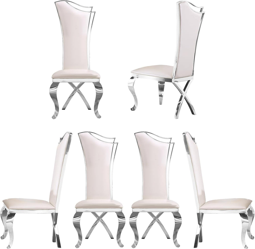 ACEDÉCOR Dining Chairs, White Faux Leather Dining Chairs Set of 6, Gorgeous Streamlined High Back Chair with Silver Mirror Curved and X-Shaped Stainless Steel Legs