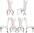 ACEDÉCOR Dining Chairs, White Faux Leather Dining Chairs Set of 6, Gorgeous Streamlined High Back Chair with Silver Mirror Curved and X-Shaped Stainless Steel Legs