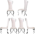 ACEDÉCOR Dining Chairs, White Faux Leather Dining Chairs Set of 6, Gorgeous Streamlined High Back Chair with Silver Mirror Curved and X-Shaped Stainless Steel Legs
