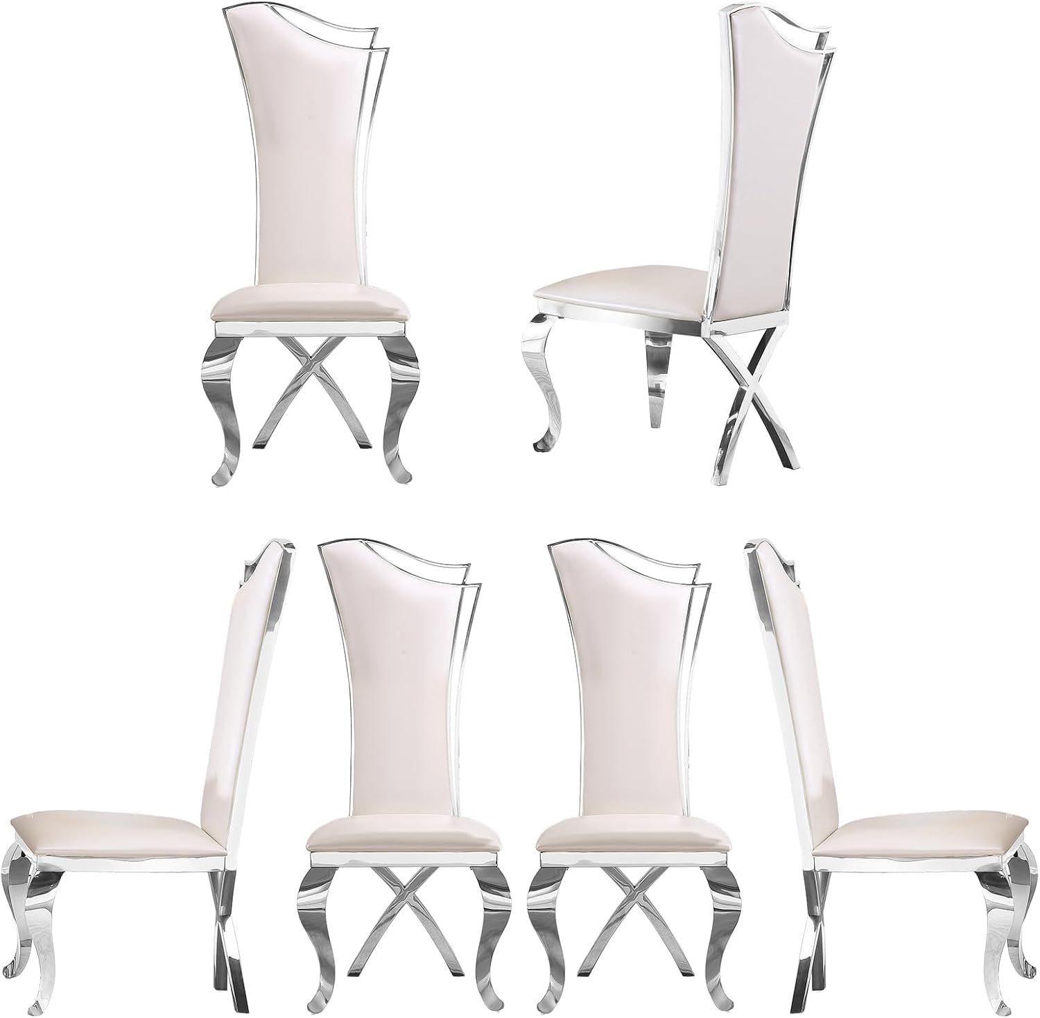 ACEDÉCOR Dining Chairs, White Faux Leather Dining Chairs Set of 6, Gorgeous Streamlined High Back Chair with Silver Mirror Curved and X-Shaped Stainless Steel Legs