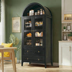 71" Tall Arched Kitchen Pantry, Pantry Cabinet, Kitchen Storage Cabinets with 2 Large Drawers & Adjustable Shelves & Glass Door for Living Room, Dining Room, Black