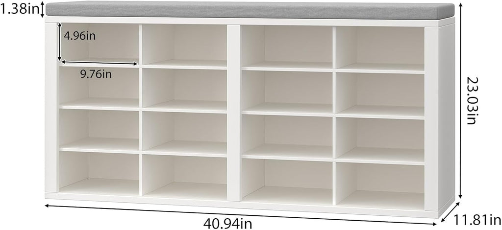 Shoe Rack Bench, Shoe Storage Bench with Cushion, Shoe Organizer 16 Cubbies for Entryway Hallway Bedroom Living Room, Holds Up to 400lbs