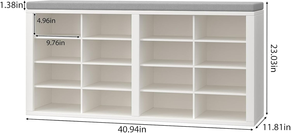 Shoe Rack Bench, Shoe Storage Bench with Cushion, Shoe Organizer 16 Cubbies for Entryway Hallway Bedroom Living Room, Holds Up to 400lbs