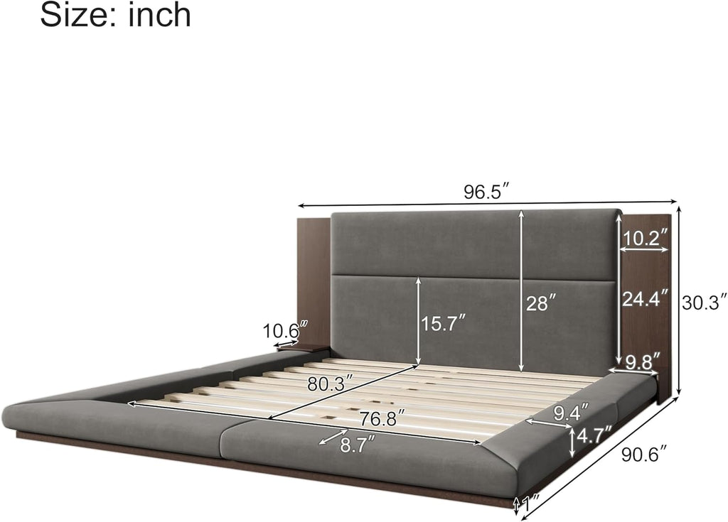 SOFTSEA King Size Floor Platform Bed Frame, Upholstered Floor Bed with Extended Headboard & Bedside Shelf, Velvet Fabric Grounded Bed Frame King Size for Bedroom, No Box Spring Needed, Gray