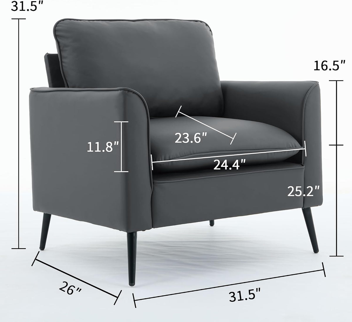 YISHENG Mid-Century Modern Living Room Accent Chairs Set of 2 - Oversized Faux Leather Armchairs with Removable Cushions & Metal Legs, Comfortable Sofas for Office/Lounge/Bedroom/Reception,Gray