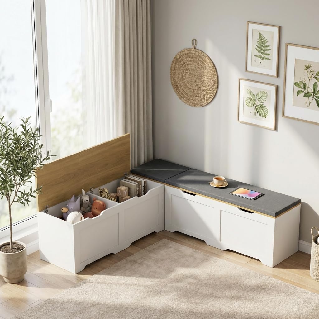 L-Shape Storage Bench with Cushion, 3-Pcs Large Capacity Entryway Chest Corner Seating Bench, Modern Modular Organizer Box for Kitchen, Living Room, Dining Room, Bedroom (White & Wood)