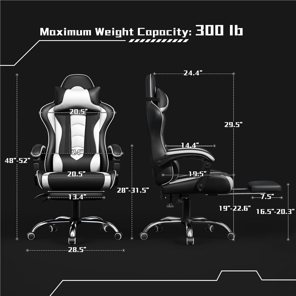 Yaheetech Gaming Chair with Footrest Massage Lumbar Pillow Black and White | Foam-padded PU leather racing seat and plush headrest recline with a slide-out footrest; metal frame supports up to 300 lb.