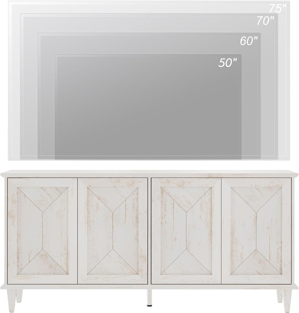 WAMPAT 65-inch Handcrafted Patchwork Decorative Buffet Cabinet with Pop-Up Design Doors,Full Unit Modern Farmhouse Accent Credenza for Coffee Bar, Kitchen, and Living Room, Pale Oak