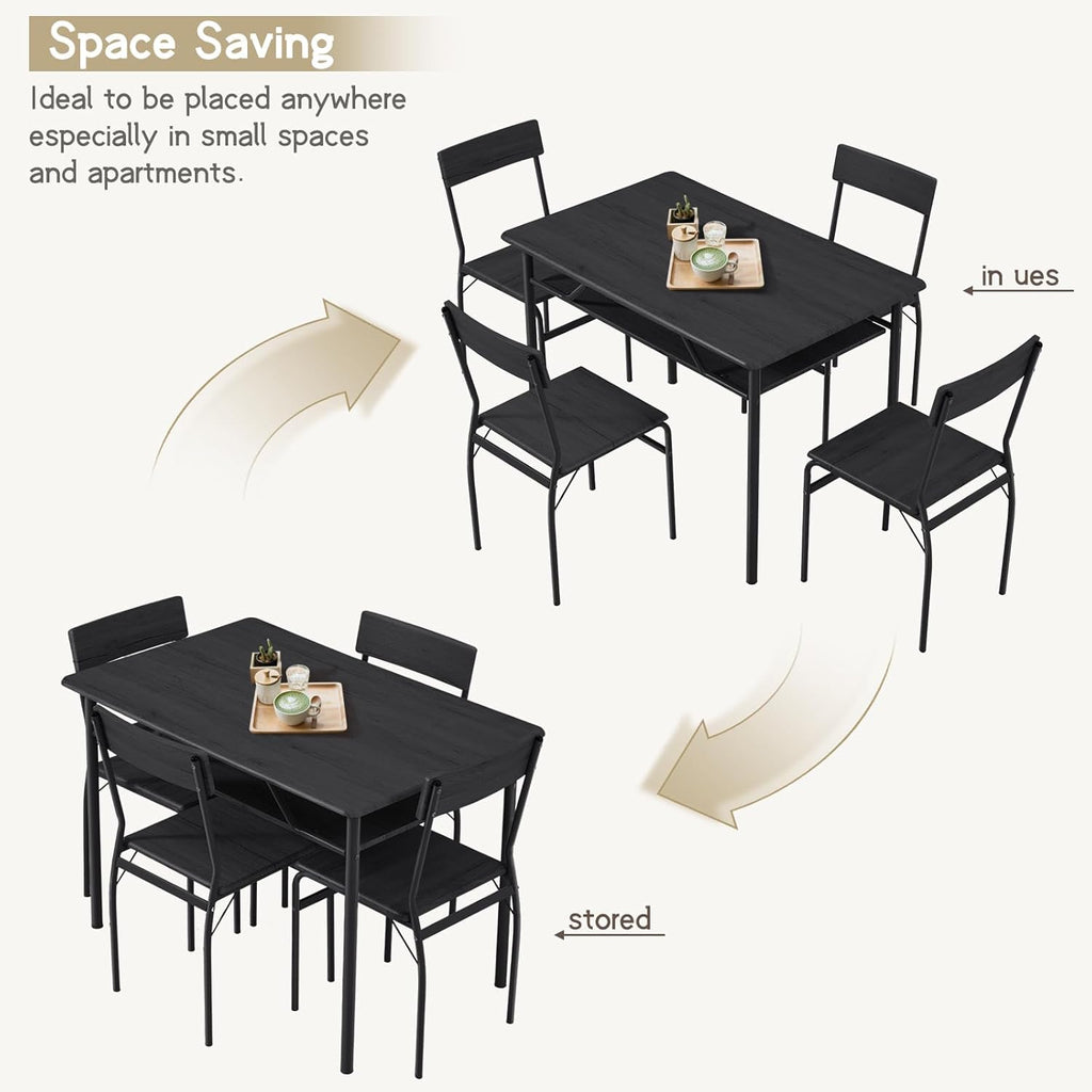 ECOTOUGE Dining Table Set for 4, Wood Kitchen Table and Chairs with Storage Shelves & Metal Frame, Compact Mid-Century Modern Rectangle Dinner Table Sets for Small Space, Apartment, Black