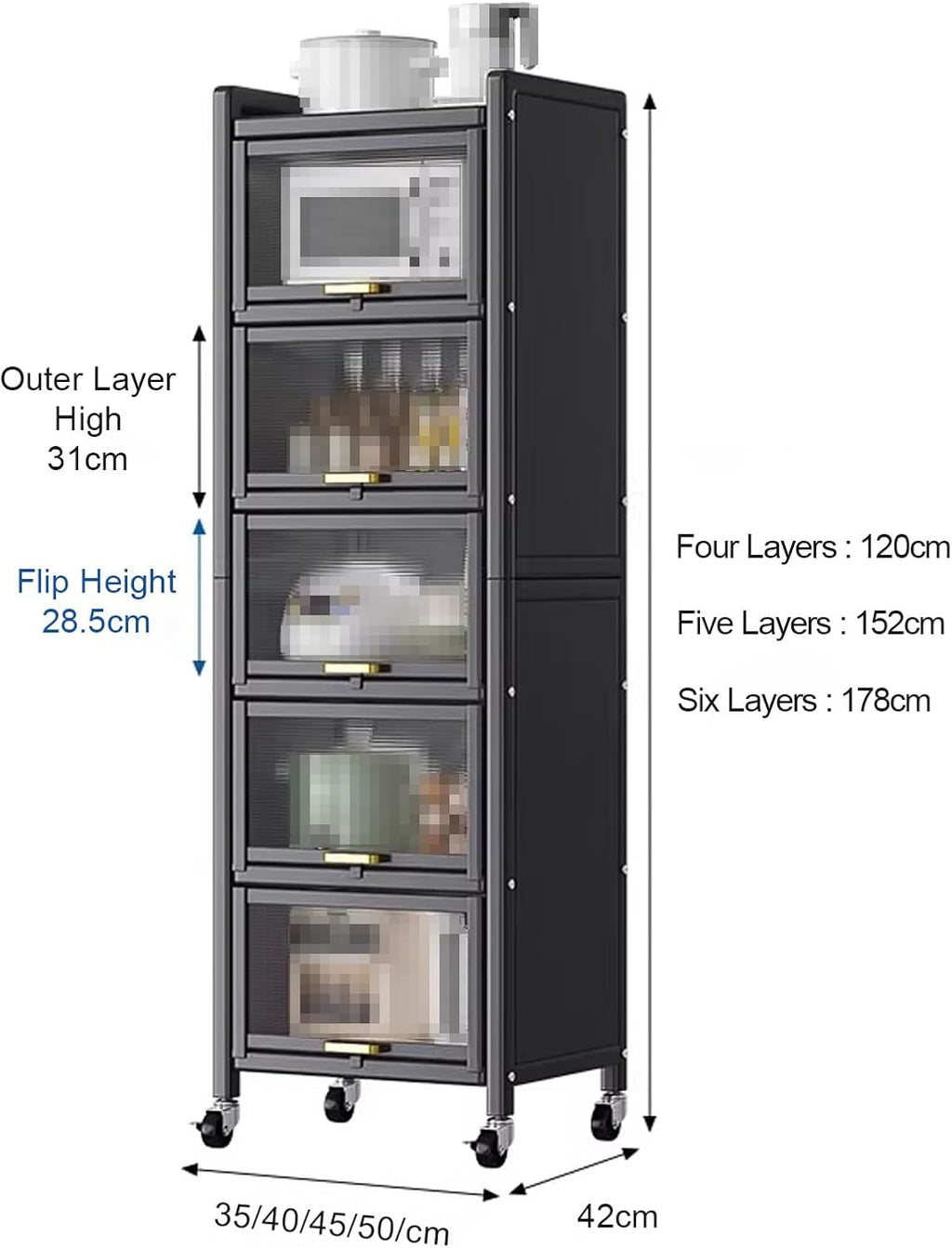 Kitchen Storage Cabinets, Minimum Footprint is Only 35cm Wide, Carbon Steel Kitchen Shelves with Transparent Flip Door, for Kitchen Dining Living(Gray,45 * 42 * 152cm)